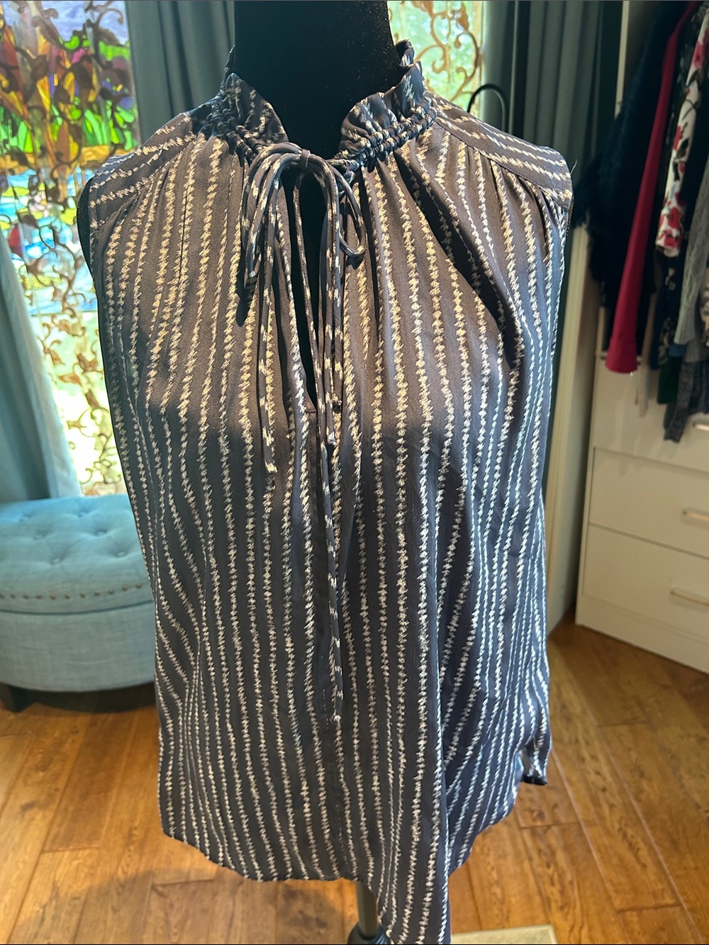LOFT Navy and White Sleeveless Tie-Neck Tank